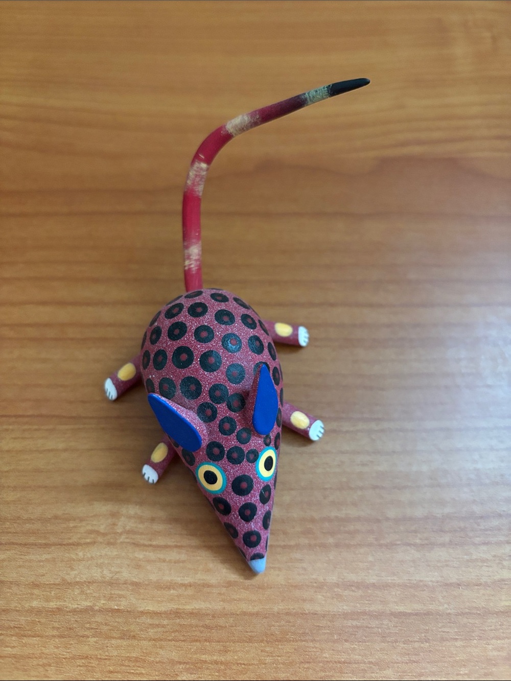 Handcrafted Pink black-dot Oaxacan Alebrijes Folk-Art Mouse Sculpture